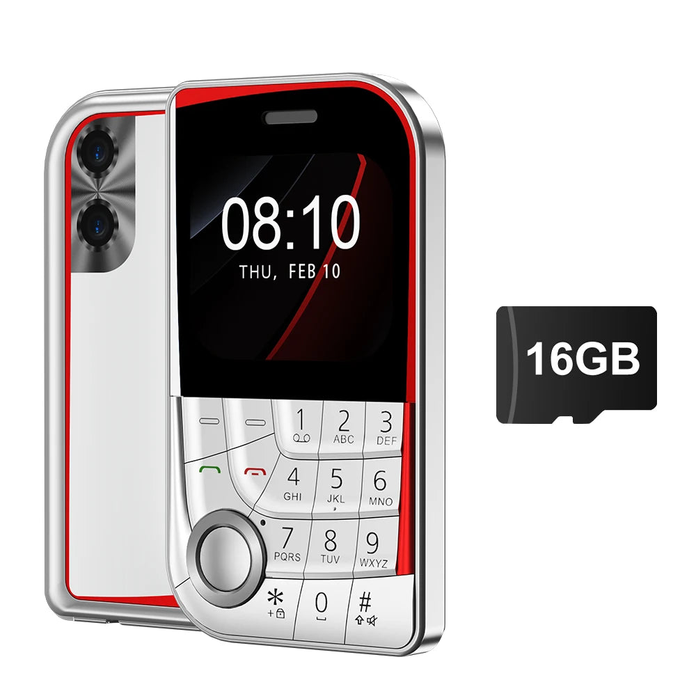 Mini 2G card phone with keypad, white/gray body and red trim; 16GB TF card shown