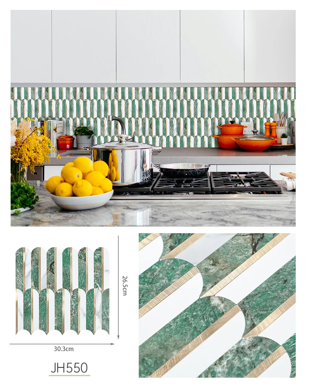 Feather-shaped mosaic backsplash tiles in green, white, and gold-striped pattern