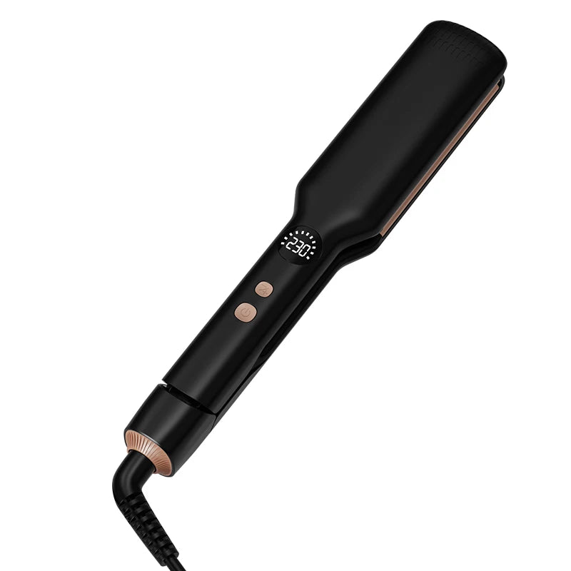 Black wide-plate hair straightener with digital temp display, oil-coating plates, and ergonomic swivel cord design.
