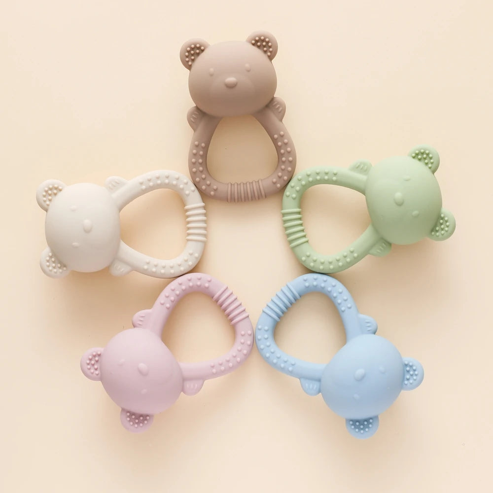 Baby Silicone Teether Bear Hand Bell Food Grade Teether Toys Rattle Baby 0-12 Months Silicone Sensory Toys Silicone Teething Toy