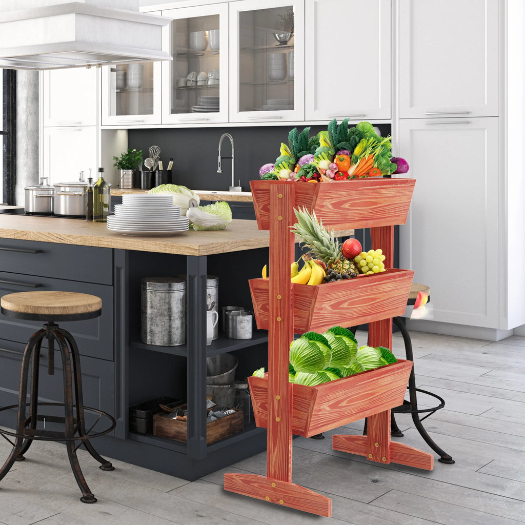 4-tier raised wooden planter box, reddish brown, filled with vegetables and greens
