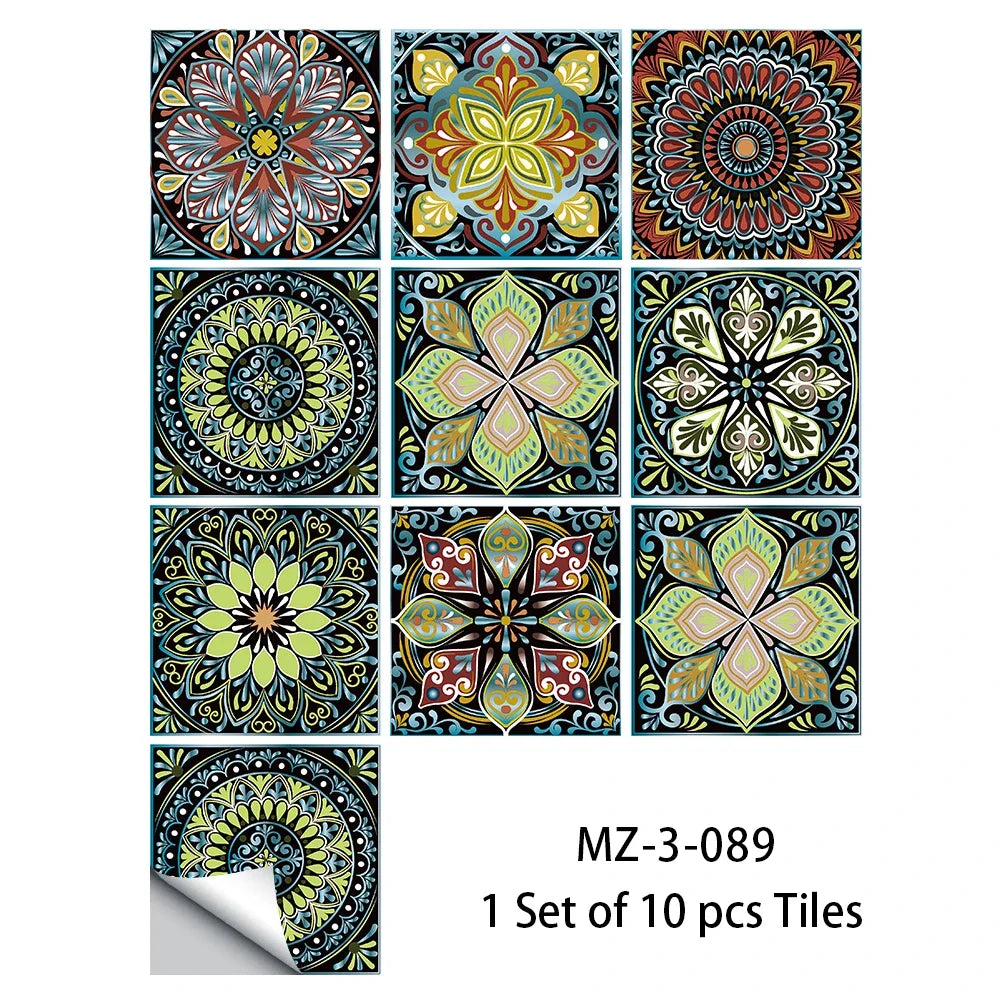 Multicolor mandala floor sticker tiles set on dark background, waterproof non-slip.
