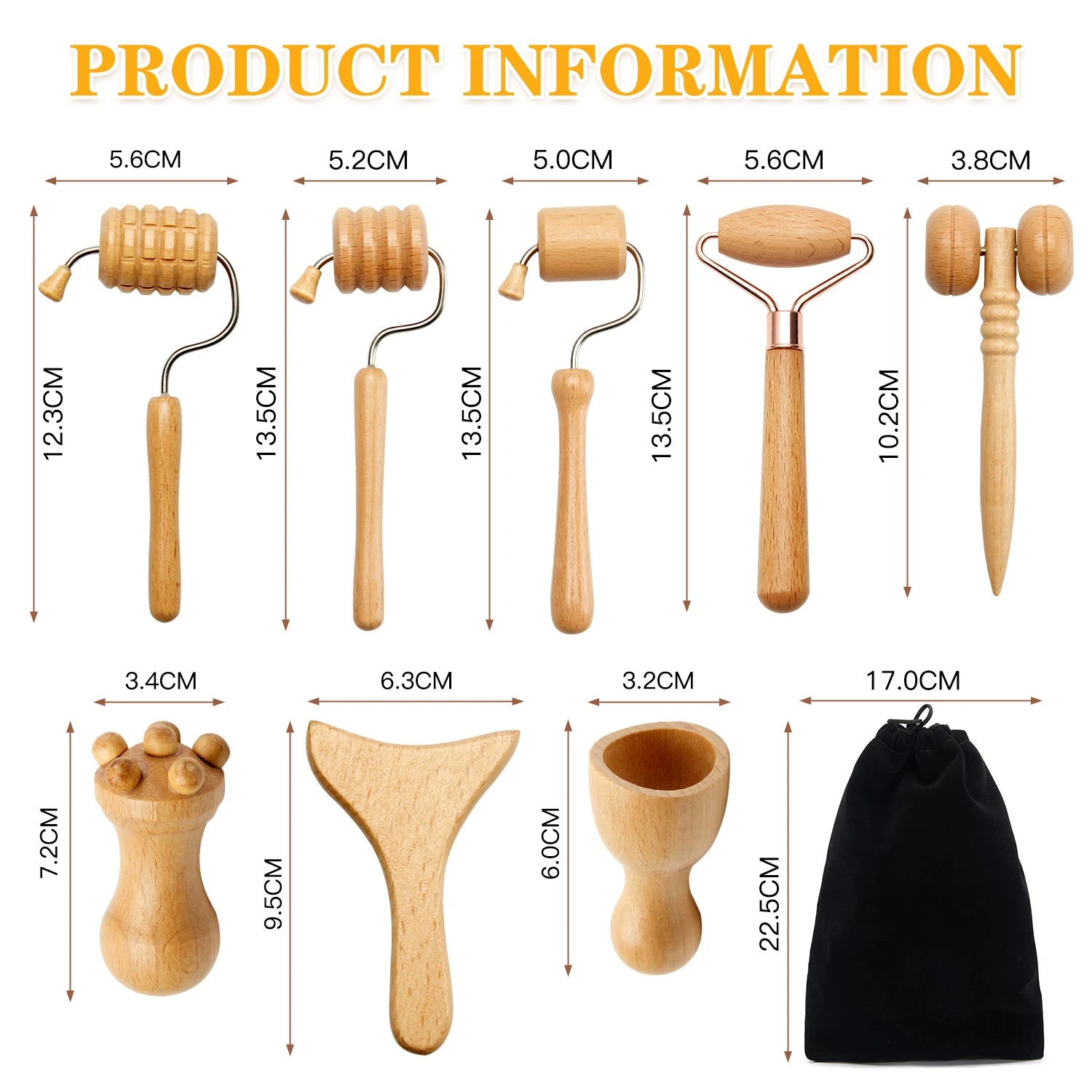 A set of wooden face massage tools, including rollers, Gua sha sticks, and a cup, shown with dimensions and a pouch.