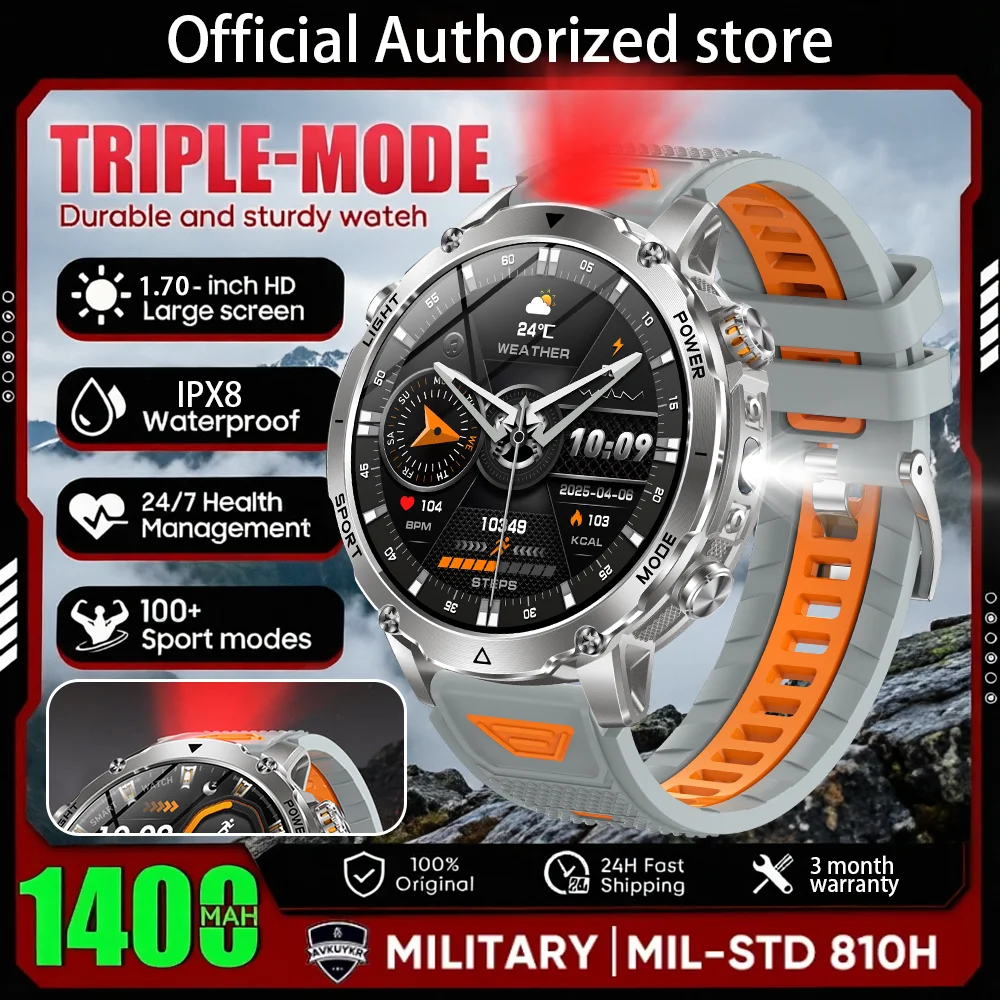 White smart watch with orange silicone band and round silver case, black display.