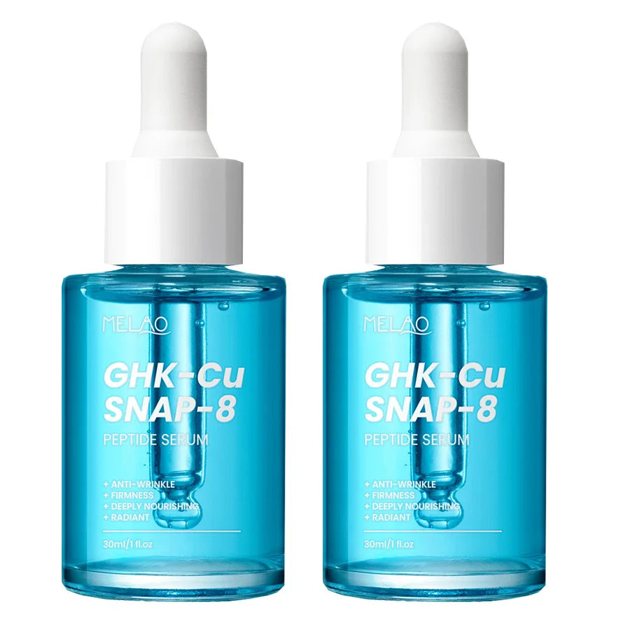 Two GHK-Cu SNAP-8 peptide serum bottles with blue liquid, 30ml