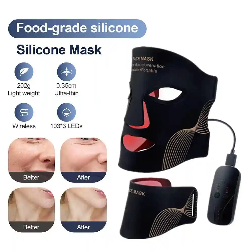 Black flexible silicone LED face and neck mask with red light therapy, control unit, and before-after skin results.