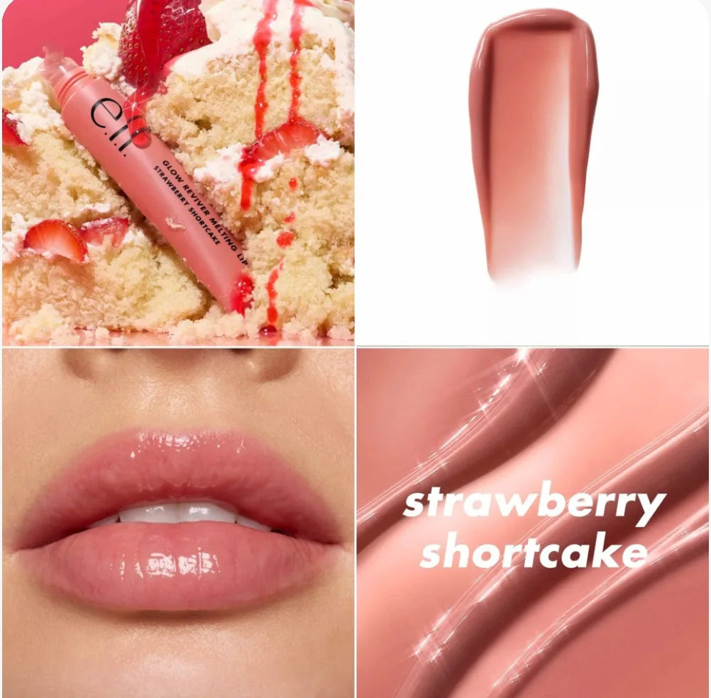 e.l.f. Glow Reviver Melting Lip balm in Strawberry Shortcake. Glossy, sheer pink texture with shiny finish on lips.