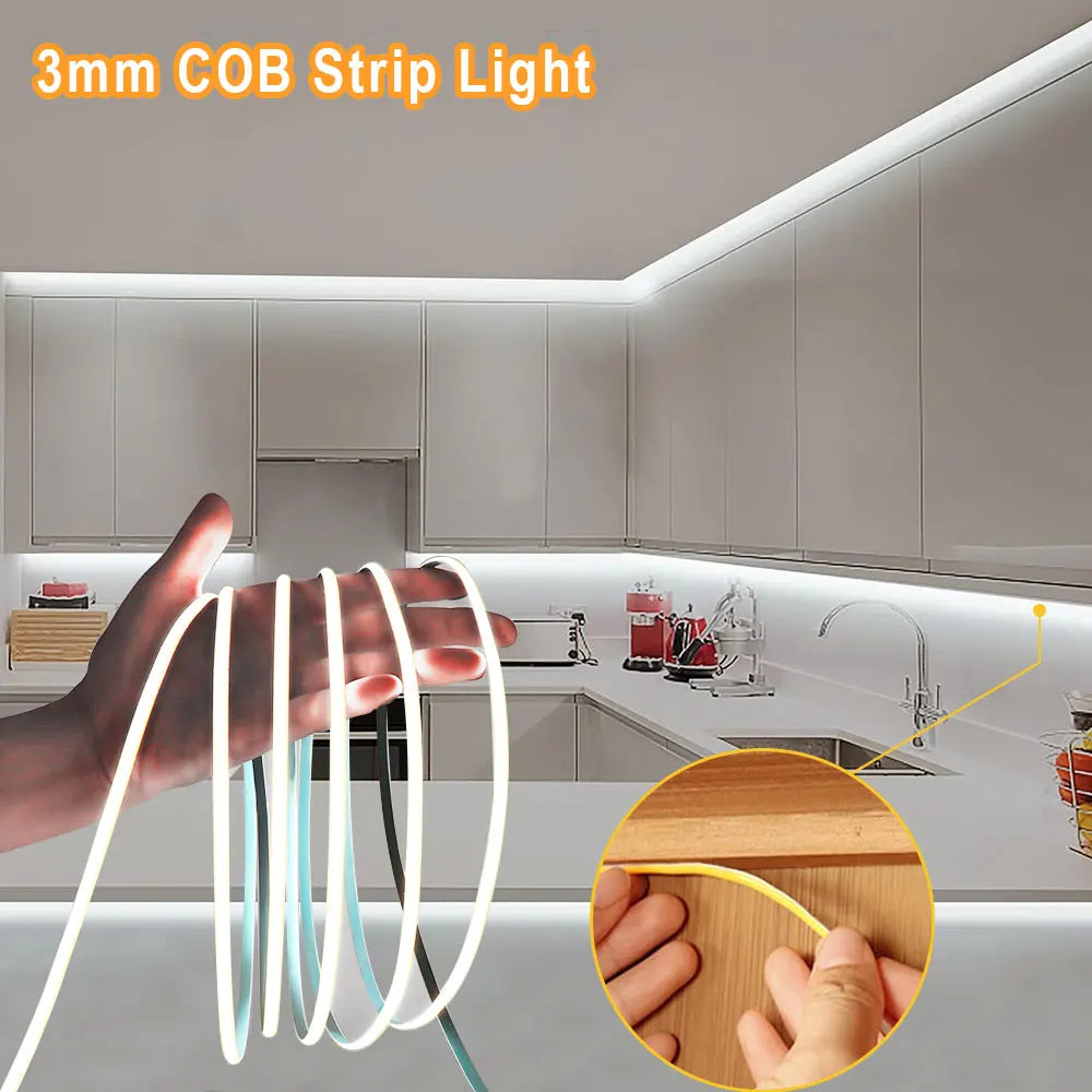 COB LED Strip Flexible High Density LED Strip 3mm COB Bar LED Light Warm 3000K White 6500K for Bedroom Kitchen Home