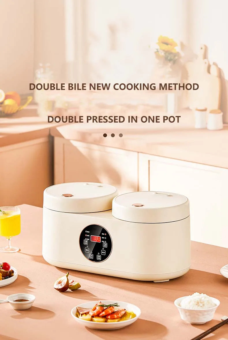 White double rice cooker on kitchen counter with two-lid top and display