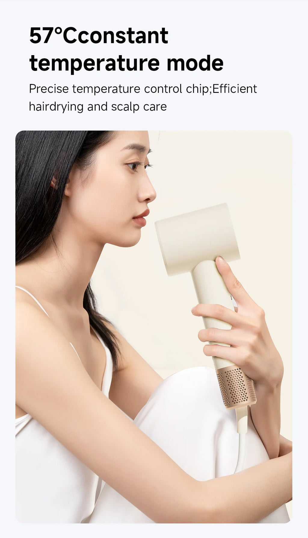 DOCO high-speed hair dryer with 57°C constant temp, elegant beige design, and professional ionic hair care technology.
