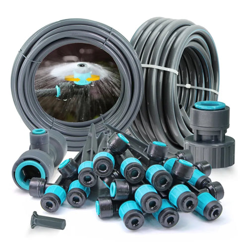 Garden irrigation sprinkler kit with coiled PE hose, quick-connect tees, and spray nozzles