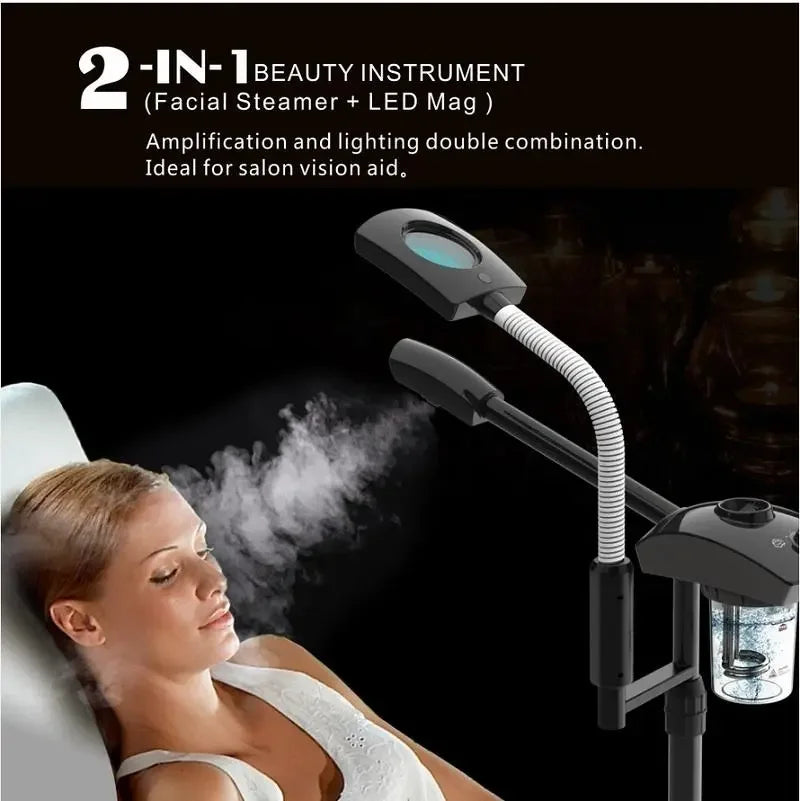 2-in-1 professional ozone facial steamer with LED magnifying glass for deep pore cleaning and skin moisturizing.