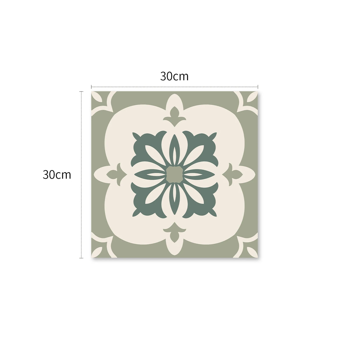 Peel-and-stick vinyl tile, cream and sage floral medallion pattern, 30x30cm