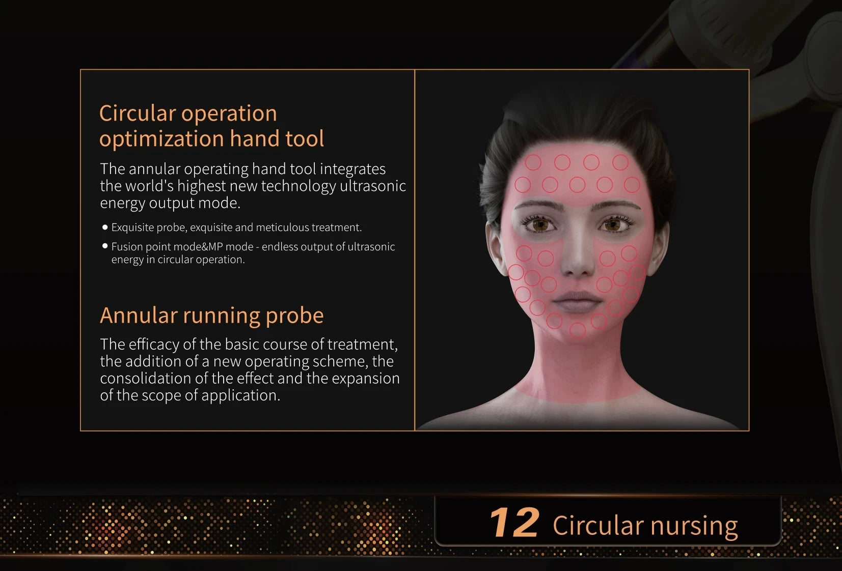 12D facial lift machine using circular ultrasonic probe for skin rejuvenation, firming, and anti-aging treatment.