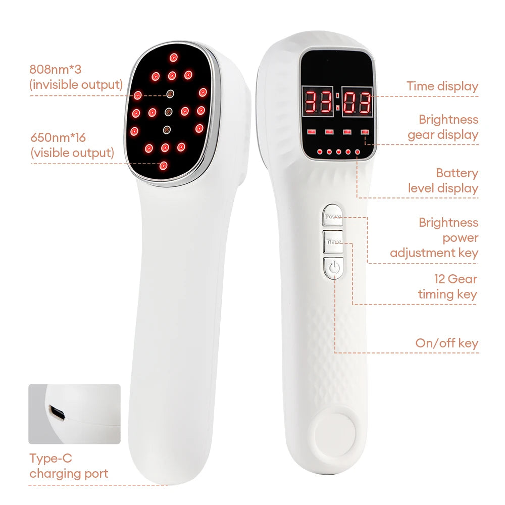 White handheld red light therapy device showing the laser head with LED lights, digital display, and control buttons.