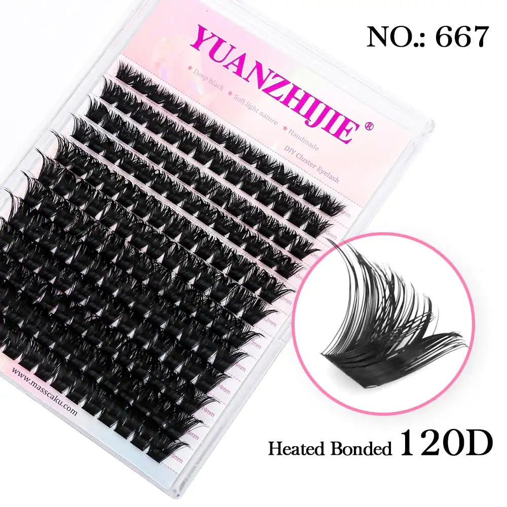 Tray of 144 black, 120D heated bonded segmented mink cluster lashes with a close-up circle.