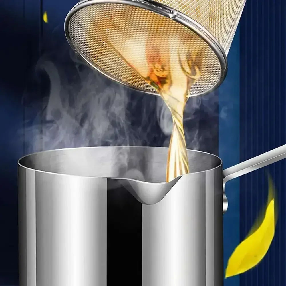 Stainless steel deep fryer pot with perforated strainer basket pouring oil