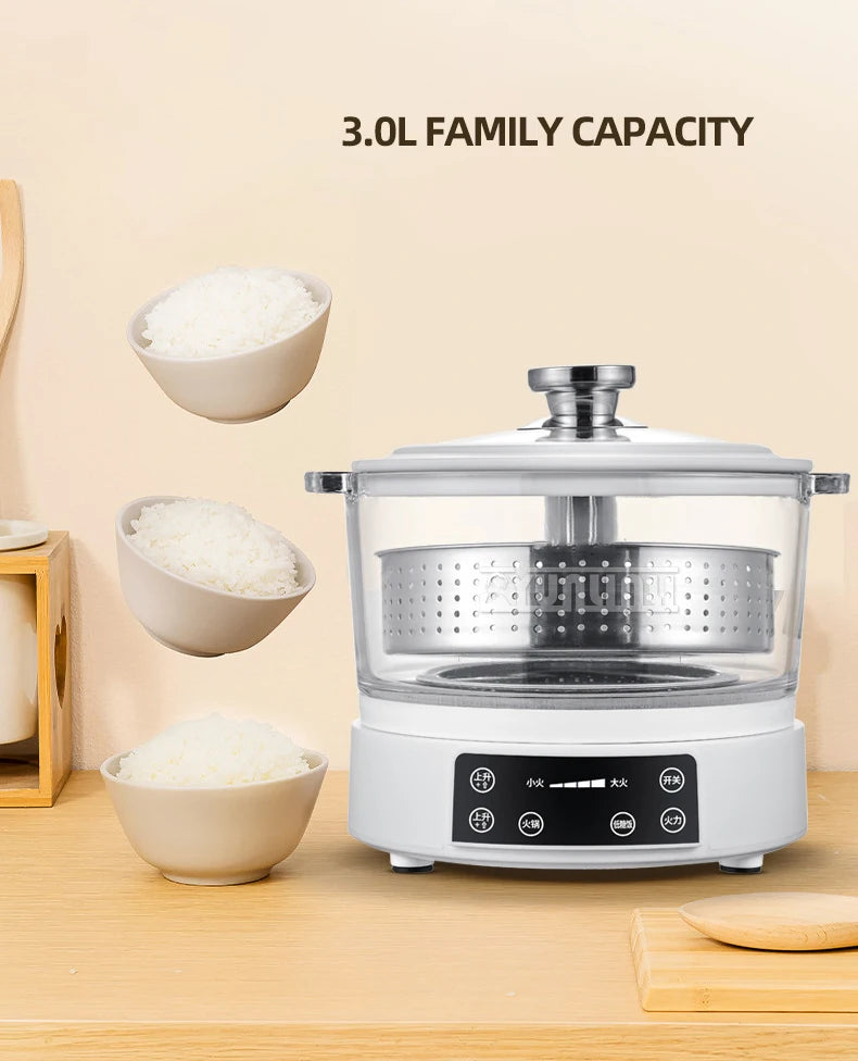 Rice cooker base with clear lid and steaming basket, 3.0L capacity