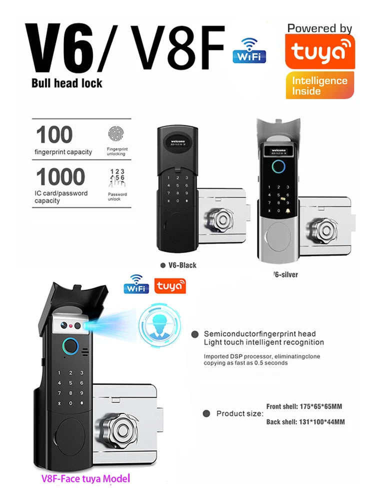 Waterproof  Support Tuya App Wifi Lock 3D Face Recognition Digital Code Keyless App Fingerprint Lock With Rechargeable Battery