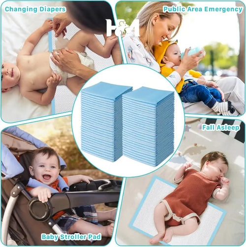 Disposable baby changing pads, blue, leakproof infant care mats for travel, strollers, and nursery use.