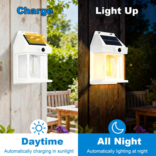White solar-powered wall lamp with a sloped solar panel, clear enclosure, and tungsten-style bulb.