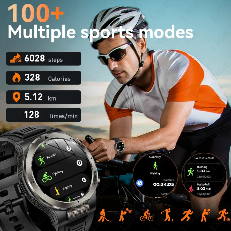 LIGE New 1100mAh Super Capacity Battery Adult Smart Watch 1.43" AMOLED Screen Call 3ATM Waterproof Outdoor Sports Men Smartwatch
