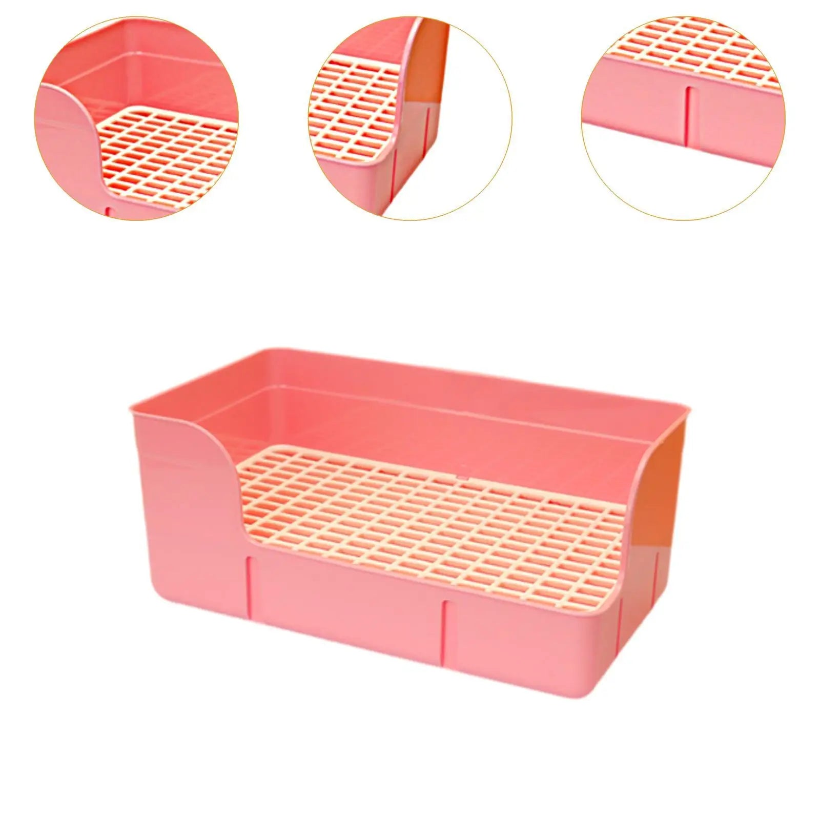 Pink plastic rabbit litter box with grid floor for easy cleaning of small animals like hamsters and ferrets.