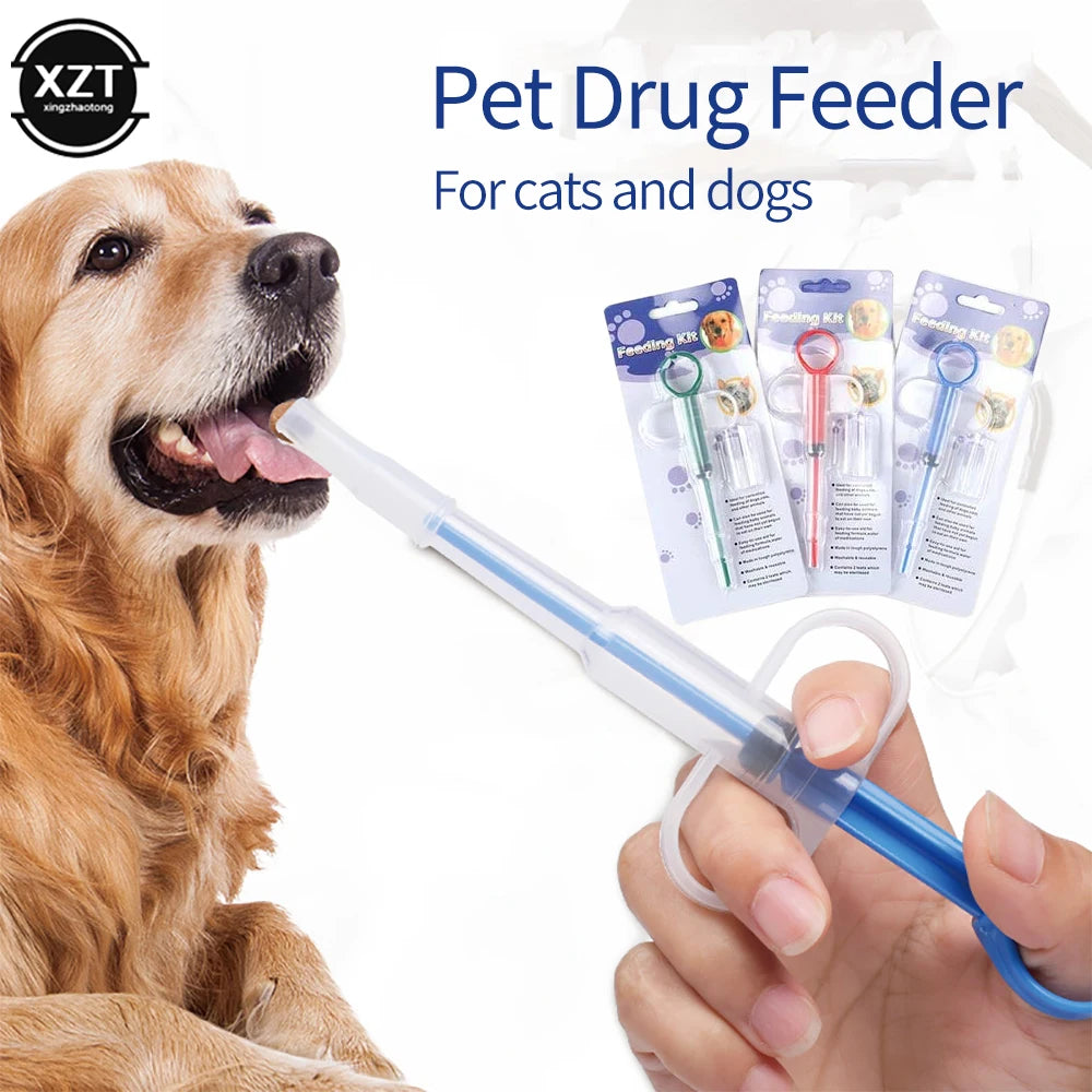 Pet pill gun dispenser feeding a golden retriever. Durable plastic syringe kit for easy medicine administration for pets.