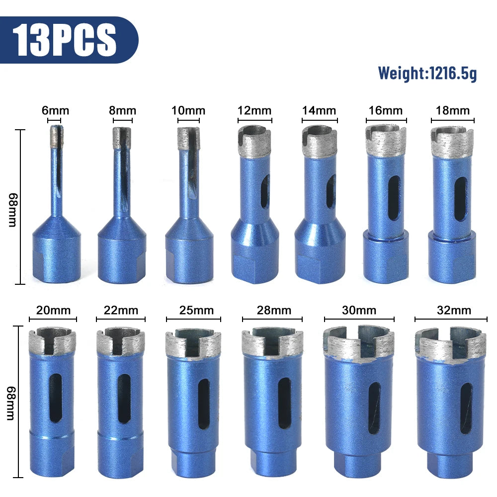 Assorted diamond hole saw bits with blue bodies and silver diamond crown tips