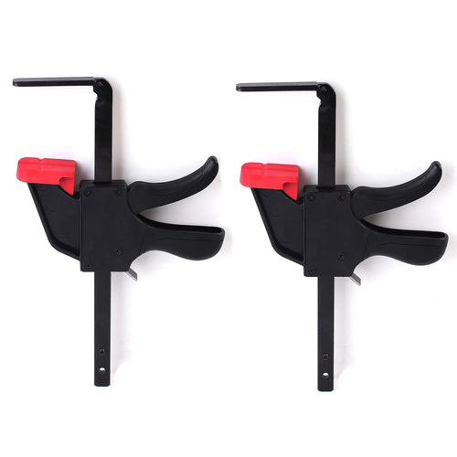 Pair of black F-clip quick-release track clamps with red latch levers