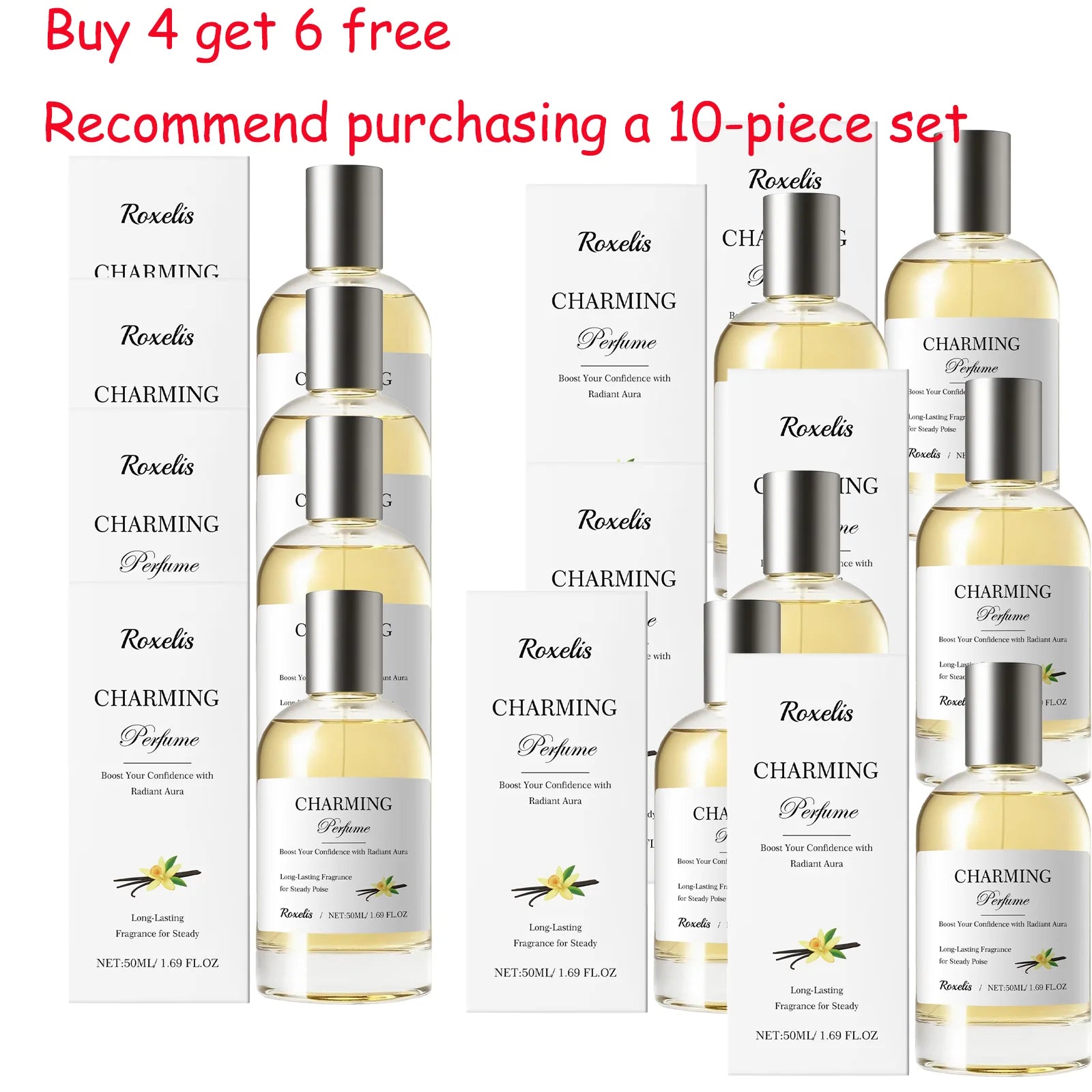 Roxelis 50ml Amber Vanilla perfume spray for women. Elegant, long-lasting fresh fragrance in clear round glass bottles.