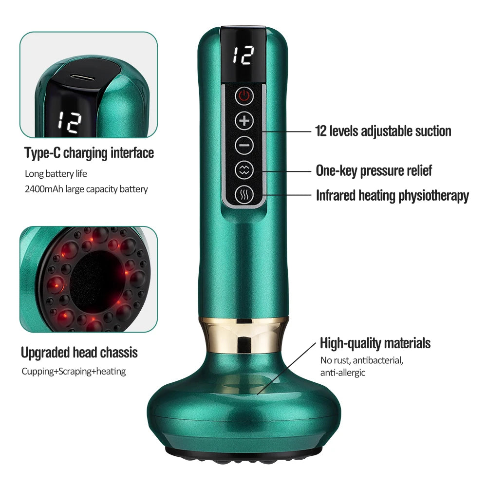 Green electric cupping massager with 12-level vacuum suction, infrared heat, and USB-C for body slimming and Guasha.