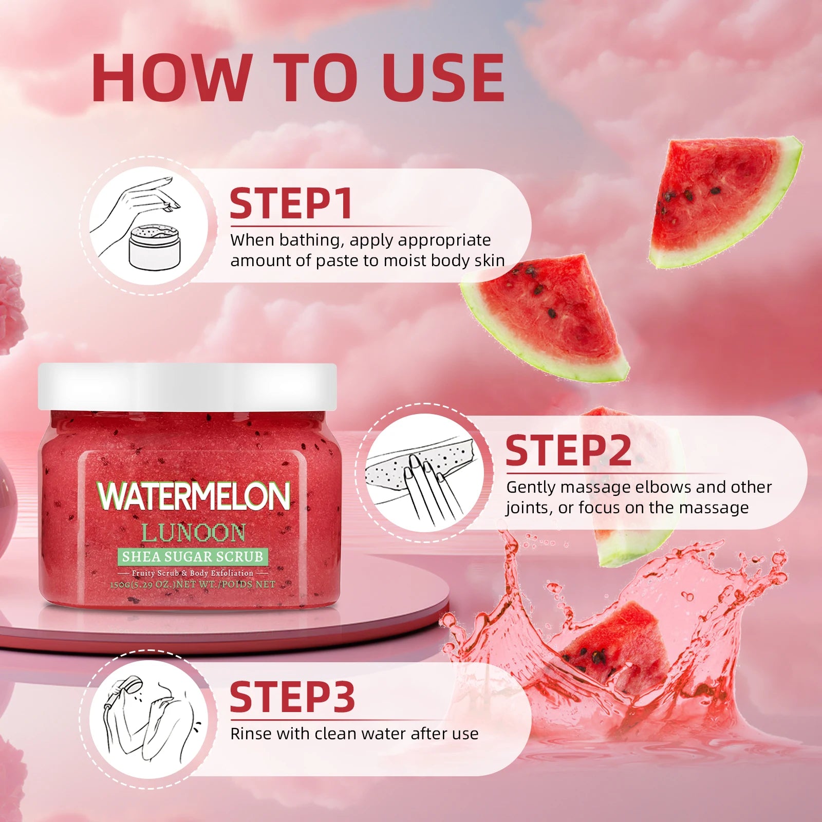 Watermelon Shea Sugar Scrub - 150g Natural Exfoliating Body Glow Scrubs Treatments Tidesmit