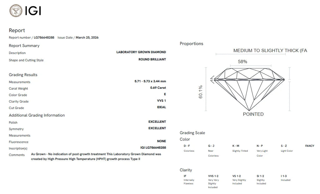 IGI laboratory-grown diamond certificate report document with grading details