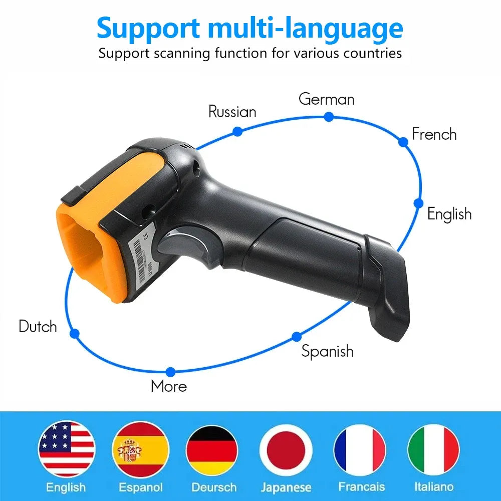 2D barcode scanner with multilingual scanning support, black and yellow pistol grip design