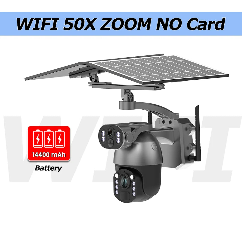 WiFi solar PTZ security camera with dual lenses, 50X zoom, no card, dark gray body