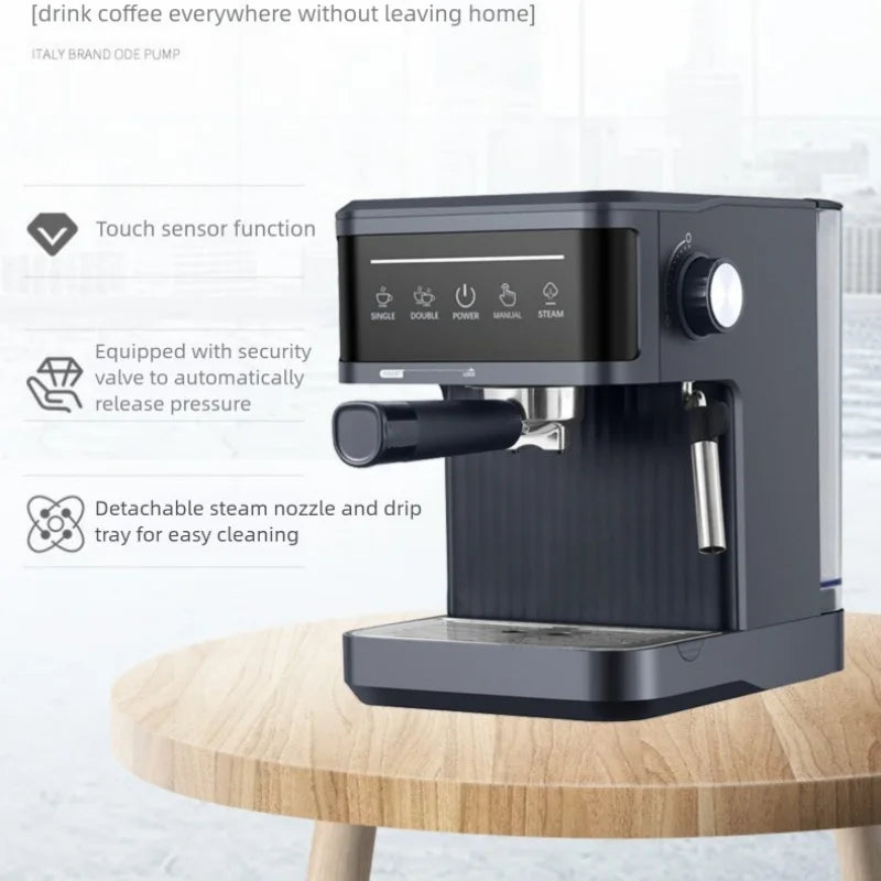 Matte black Ode Pump espresso machine with touch controls, steam wand, and portafilter on a wooden table.