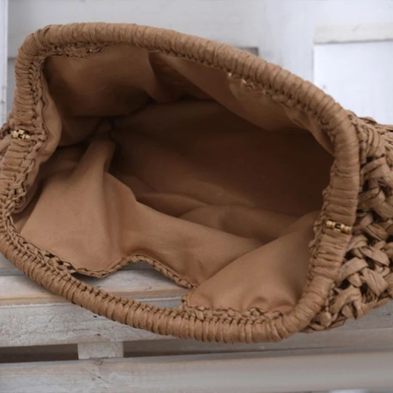 Women's Brand Fashion Clip Handbag, Bohemian Style Large Capacity Travel Woven Bag Popular Elegant Raffia Handmade Crossbody Bag