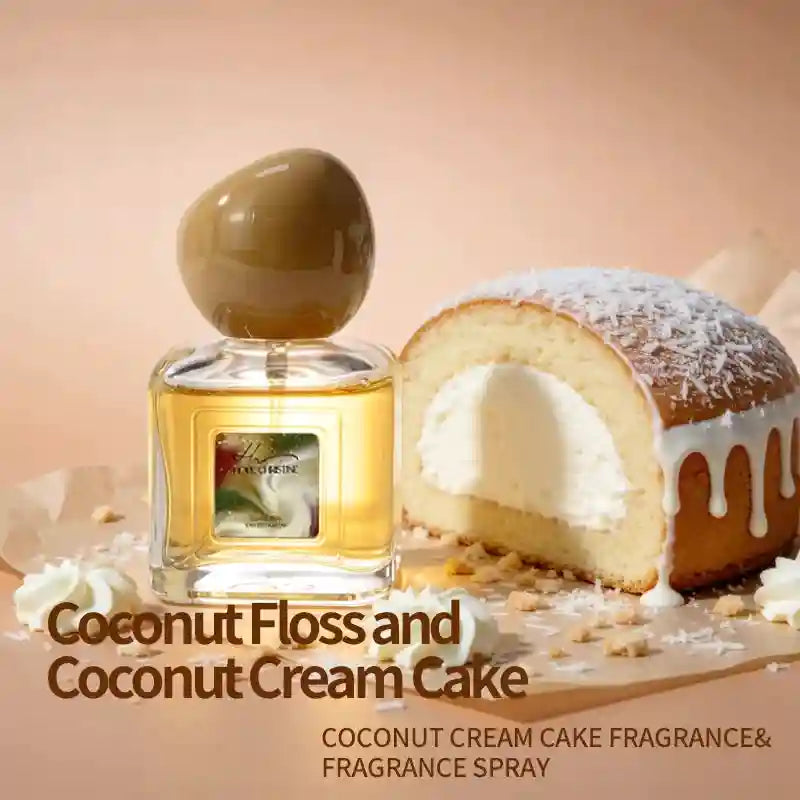Anne Christine Coconut Cream Cake EDP: Unisex gourmand perfume, vanilla, coconut, caramel, square bottle with round cap.