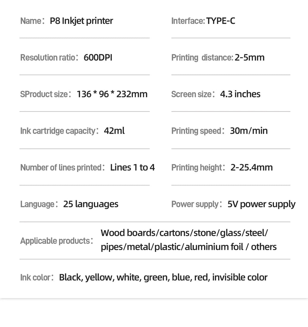 Inkjet printer spec chart listing Type-C interface, 600DPI, and 2–5mm printing distance