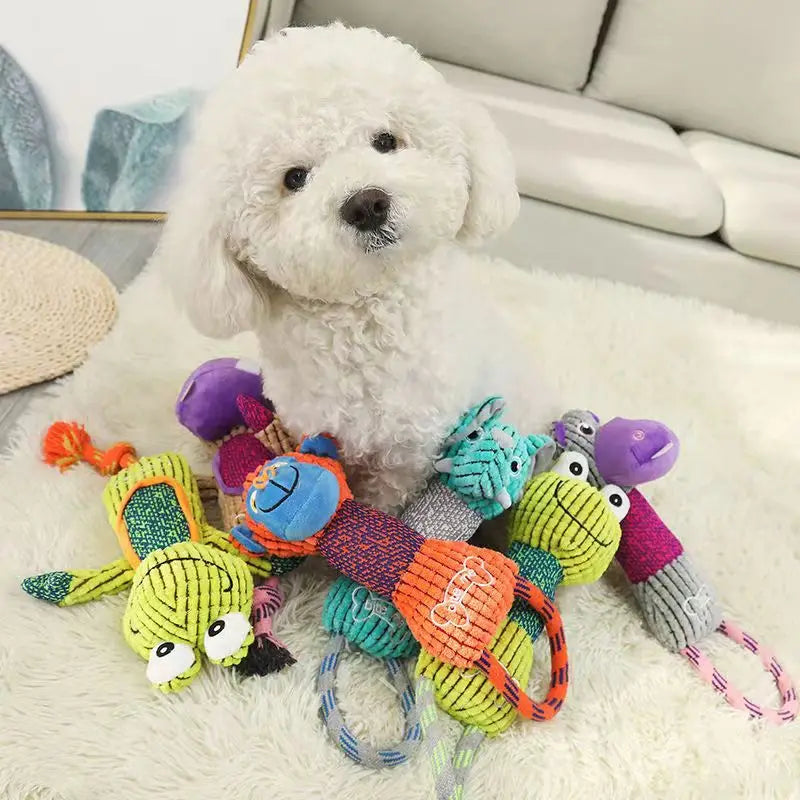 White dog playing with colorful, squeaky plush rope toys for dental cleaning and interactive chewing.