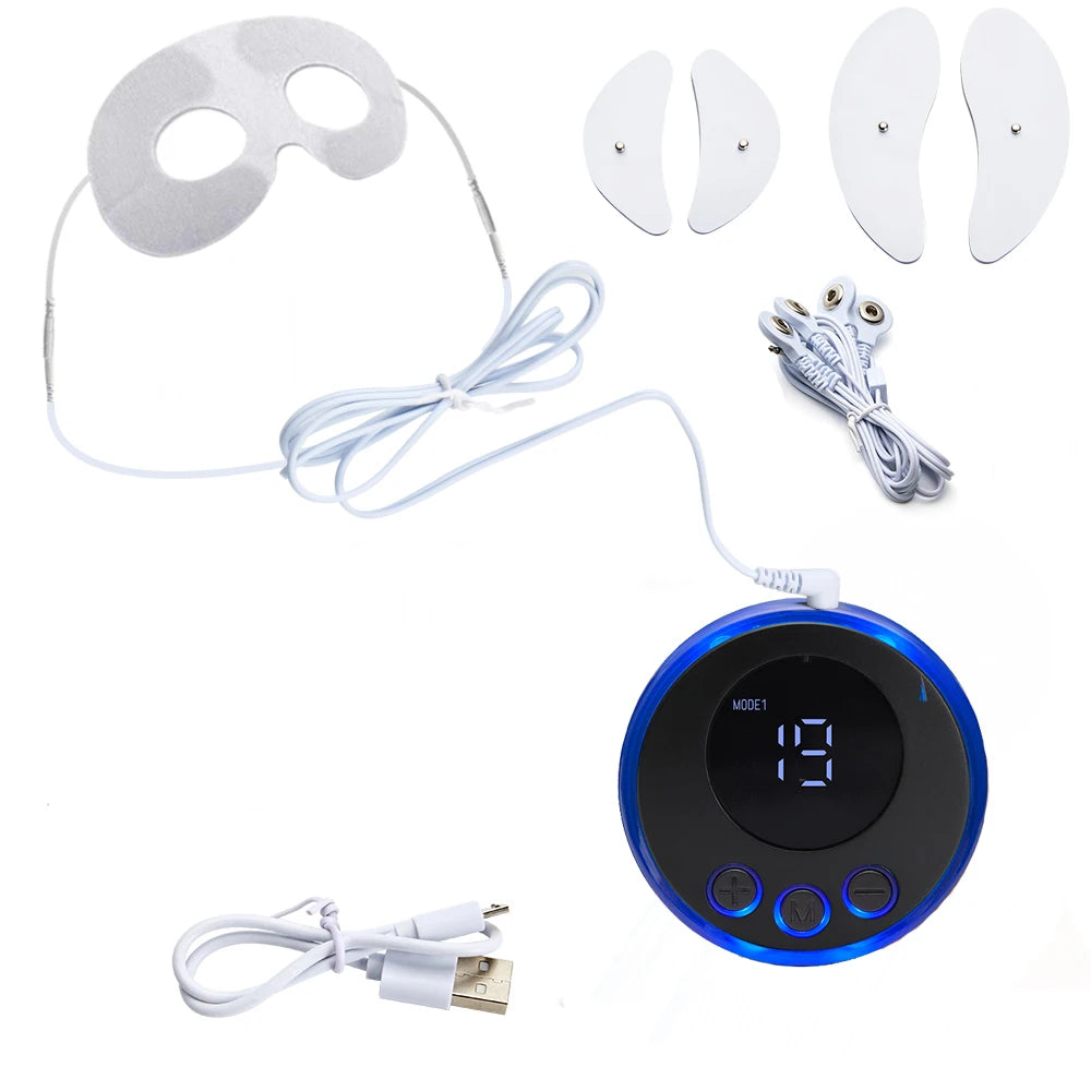 Electric EMS eye massage device with digital display, lifting pads, and USB charging cable for facial skin care.