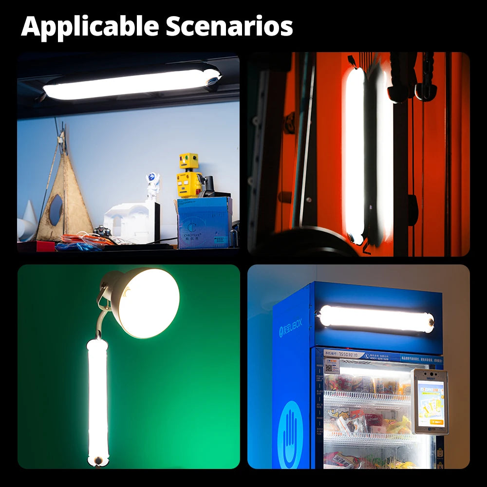 Long white cylindrical LED bar light mounted on a desk, gym equipment, lamp, and vending machine for portable lighting.