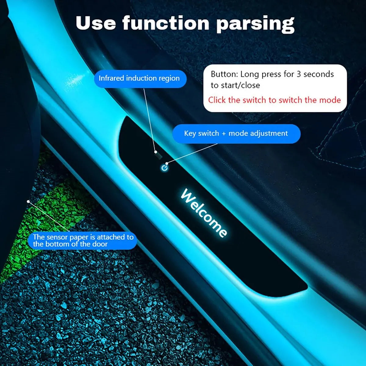 Black LED car door sill protector with glowing blue text and integrated touch sensor for entry lighting.