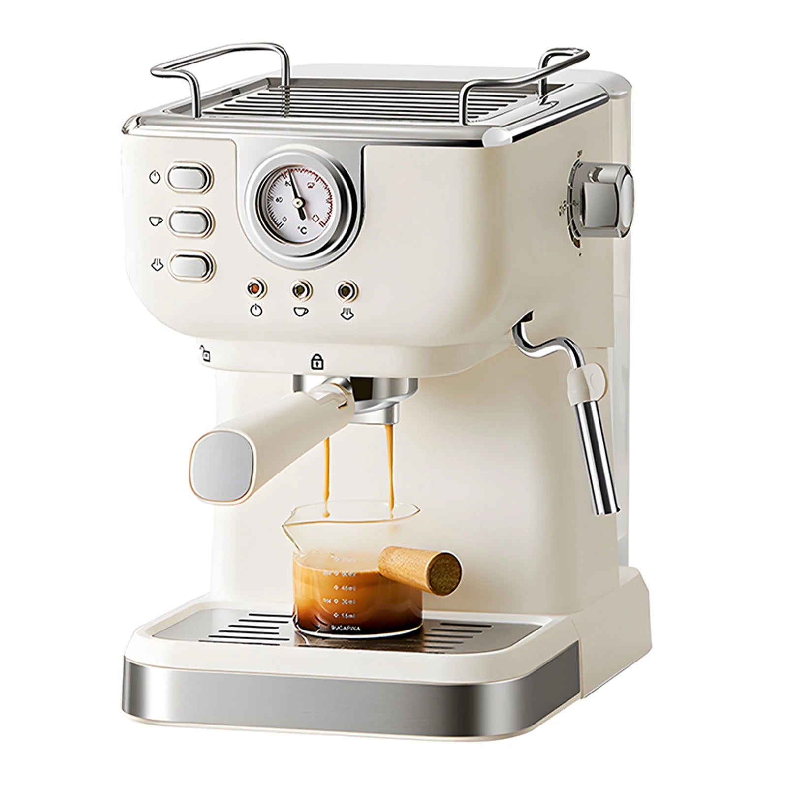 Cream-colored espresso machine with pressure gauge, chrome accents, and portafilter, brewing coffee into a glass cup.