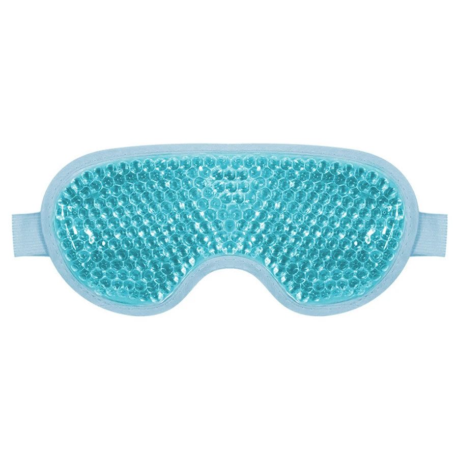 Blue cooling gel bead eye mask with a soft fabric trim and elastic strap.