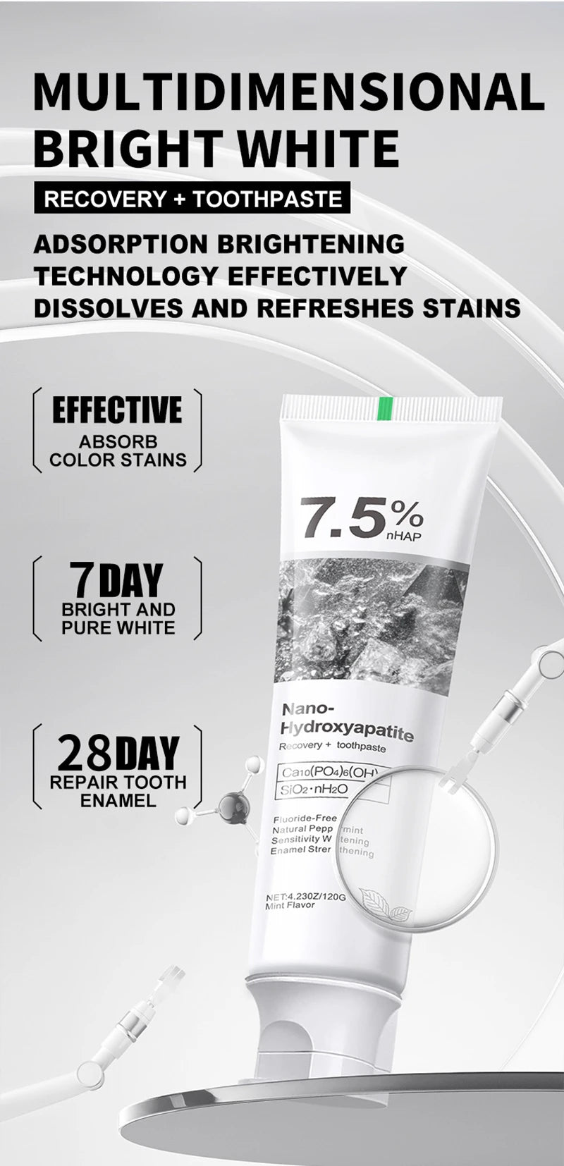 Tidesmit 7.5% Hydroxyphosphate Gray Stone whitening toothpaste for stain removal and long-lasting fresh breath.
