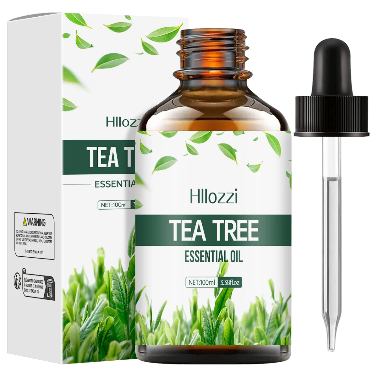 Tidesmit organic tea tree essential oil for hydrating face, hair, and body care in 100ml, 60ml, and 30ml bottles.