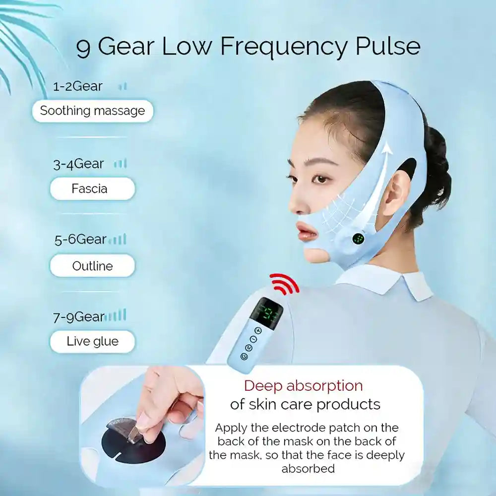 A blue EMS V-line lifting mask worn by a woman, showing 9 pulse intensity settings and a remote control for skin care.