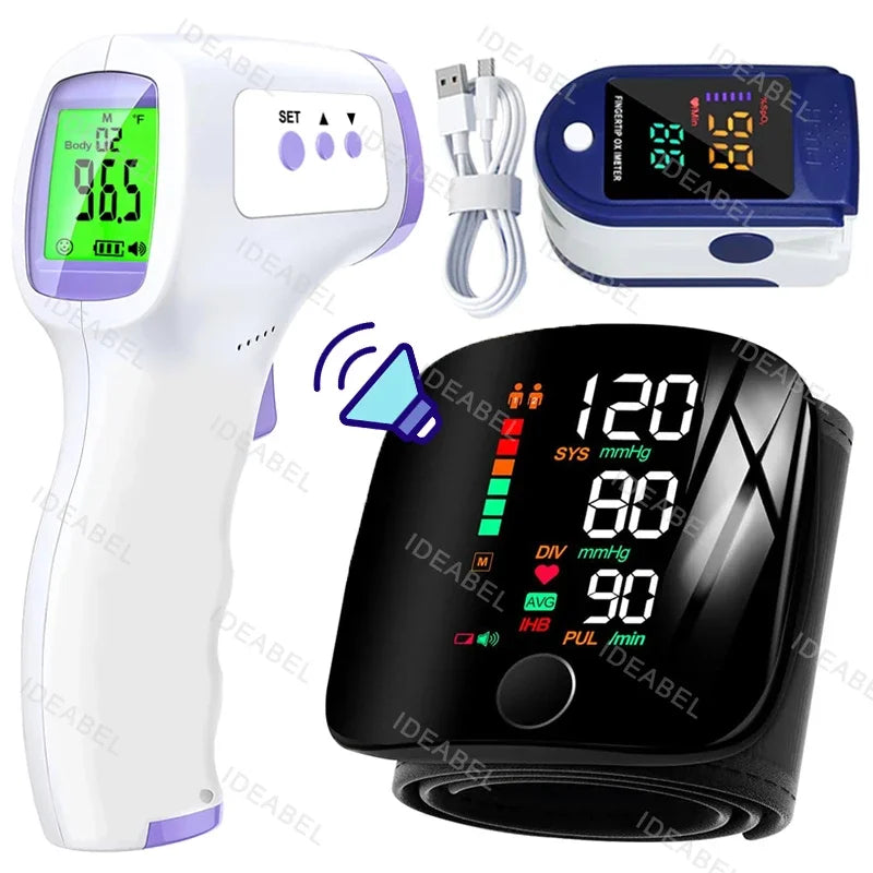 New LED Wrist Blood Pressure Monitor English Voice Broadcast Sphygmomanometer Tonometer BP Monitor Forehead Digital Thermometer